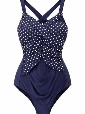 Swimsuits For All Classic Navy and White Polka Dot One Piece Tummy Control Sz 16